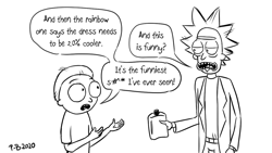 Size: 1200x675 | Tagged: safe, artist:pony-berserker, 20% cooler, barely pony related, monochrome, morty smith, pickle rick, pony-berserker's twitter sketches, rick and morty, rick sanchez, role reversal, sketch