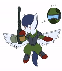 Size: 1802x2048 | Tagged: safe, artist:omegapony16, oc, oc only, oc:oriponi, species:pegasus, species:pony, armor, flying, gas mask, gun, hoof hold, male, mask, simple background, solo, spread wings, stallion, weapon, white background, wings