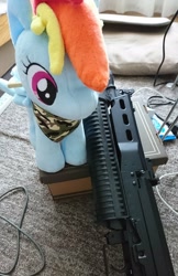 Size: 1326x2048 | Tagged: safe, artist:omegapony16, character:rainbow dash, species:pegasus, species:pony, 4de, airsoft, camouflage, female, gun, irl, mare, neckerchief, photo, plushie, pp-19, solo, submachinegun, weapon