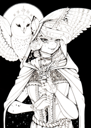 Size: 2465x3455 | Tagged: safe, artist:longinius, character:princess luna, species:alicorn, species:anthro, species:bird, species:owl, species:pony, alternate hairstyle, bracelet, choker, cloak, clothing, female, flower, freckles, grayscale, hood, horn, horn ring, jewelry, knife, lace, looking at you, mare, monochrome, mottled coat, ribbon, snowy owl, spread wings, traditional art, wings