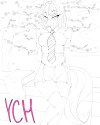 Size: 2800x3500 | Tagged: safe, artist:chapaevv, species:anthro, advertisement, cherry blossoms, clothing, commission, flower, flower blossom, highschool, japanese, necktie, outdoors, sitting, solo, your character here