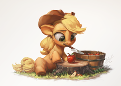 Size: 1200x850 | Tagged: safe, artist:assasinmonkey, character:applejack, species:earth pony, species:pony, apple, apple slice, bucket, clothing, cowboy hat, cute, female, food, hat, jackabetes, knife, mare, mouth hold, simple background, solo, tree stump, weapons-grade cute, white background