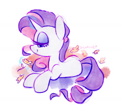 Size: 1425x1302 | Tagged: safe, artist:dawnfire, character:rarity, species:pony, species:unicorn, colored pupils, cute, female, flower, lidded eyes, mare, profile, prone, raribetes, smiling, solo