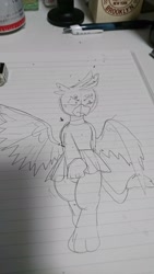 Size: 1152x2048 | Tagged: safe, artist:omegapony16, character:gallus, species:griffon, cheerleader, cheerleader outfit, clothes swap, clothing, crossdressing, irl, lineart, lined paper, male, nervous, pencil, photo, skirt, solo, traditional art