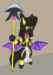 Size: 1451x2048 | Tagged: safe, artist:omegapony16, oc, oc only, oc:oriponi, species:bat pony, species:pony, bat pony oc, bat wings, bipedal, bodypaint, female, guard, loincloth, mare, solo, spread wings, weapon, wings