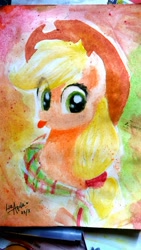 Size: 2322x4128 | Tagged: safe, artist:liaaqila, character:applejack, species:earth pony, species:pony, applejack's hat, blep, clothing, cowboy hat, cute, female, hat, jackabetes, mare, painting, scarf, solo, tongue out, traditional art, watercolor painting