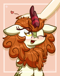 Size: 2560x3250 | Tagged: safe, artist:kimjoman, character:autumn blaze, species:human, species:kirin, awwtumn blaze, blushing, bust, cute, disembodied hand, female, floating heart, fluffy, hand, heart, high res, hooves to the chest, offscreen character, offscreen human, one eye closed, open mouth, petting