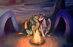 Size: 1200x779 | Tagged: safe, artist:sunny way, character:twilight sparkle, character:twilight sparkle (alicorn), oc, species:alicorn, species:pony, alicorn oc, blushing, campfire, camping, canon x oc, feather, female, grass, horn, love, mare, river, romantic, shipping, smiling, tent, wings