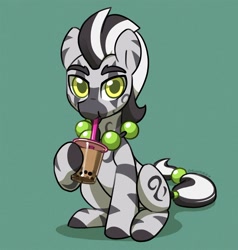 Size: 1716x1801 | Tagged: safe, artist:dawnfire, part of a set, oc, oc only, species:zebra, bubble tea, commission, jewelry, looking at you, male, necklace, simple background, sitting, solo, zebra oc