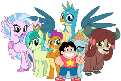 Size: 1095x730 | Tagged: safe, artist:cheezedoodle96, edit, character:gallus, character:ocellus, character:sandbar, character:silverstream, character:smolder, character:yona, species:changeling, species:classical hippogriff, species:dragon, species:earth pony, species:griffon, species:hippogriff, species:human, species:pony, species:reformed changeling, species:yak, blep, bow, clothing, cloven hooves, crossover, cute, diaocelles, diastreamies, dragoness, female, gallabetes, grin, hair bow, jewelry, looking at you, male, monkey swings, necklace, sandabetes, simple background, smiling, smiling at you, smolderbetes, steven quartz universe, steven universe, student six, teenager, tongue out, transparent background, yonadorable