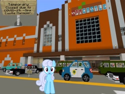 Size: 2048x1536 | Tagged: safe, artist:tardifice, artist:topsangtheman, character:linky, character:shoeshine, species:earth pony, species:pony, building, coronavirus, covid-19, minecraft, photoshopped into minecraft, police car, sign, spa, spa castle, van