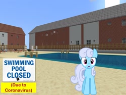 Size: 2048x1536 | Tagged: safe, artist:tardifice, artist:topsangtheman, character:linky, character:shoeshine, species:earth pony, species:pony, coronavirus, covid-19, house, minecraft, photoshopped into minecraft, pool's closed, sign, swimming pool