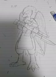 Size: 1486x2048 | Tagged: safe, artist:omegapony16, oc, oc only, species:griffon, griffon oc, gun, irl, lineart, lined paper, pencil, photo, solo, traditional art, weapon