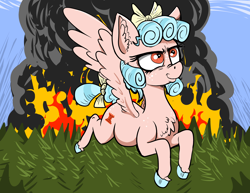 Size: 4328x3348 | Tagged: safe, artist:paskanaakka, derpibooru original, character:cozy glow, species:pegasus, species:pony, chest fluff, colored hooves, ear fluff, evil, female, filly, fire, forest, high res, nose wrinkle, pure concentrated unfiltered evil of the utmost potency, pure unfiltered evil, solo, some mares just want to hear them everyone/everypony scream for no reason, some mares just want to watch the world burn, unshorn fetlocks