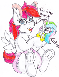 Size: 1082x1397 | Tagged: safe, artist:cuddlelamb, character:princess celestia, oc, oc:cuddlelamb, species:alicorn, species:pegasus, species:pony, baby, baby pony, blushing, chest fluff, colt, cute, dialogue, diaper, duo, ear fluff, female, foal, frog (hoof), holding a pony, male, micro, open mouth, simple background, sitting, speech bubble, traditional art, underhoof, white background, younger