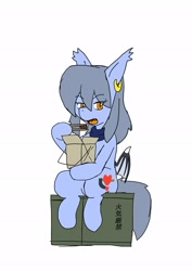 Size: 1451x2048 | Tagged: safe, artist:omegapony16, oc, oc only, oc:oriponi, species:bat pony, species:pony, bat pony oc, bat wings, box, chopsticks, clothing, crate, ear piercing, earring, eating, female, hoof hold, japanese, jewelry, mare, piercing, scarf, simple background, sitting, solo, text, white background, wings