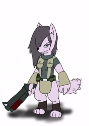 Size: 1451x2048 | Tagged: safe, artist:omegapony16, oc, oc only, species:anthro, species:diamond dog, species:digitigrade anthro, clothing, diamond dog oc, female, female diamond dog, gun, hair over one eye, simple background, soldier, solo, weapon, white background
