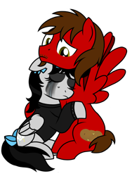 Size: 1200x1600 | Tagged: safe, artist:toyminator900, oc, oc only, oc:chip, oc:lightning dee, species:pegasus, species:pony, bow, choker, clothing, crying, duo, eyes closed, facial hair, female, folded wings, frown, long sleeves, makeup, male, mare, moustache, running makeup, sad, shirt, simple background, sitting, spiked choker, spiked wristband, spread wings, stallion, tail bow, transparent background, wings, wristband