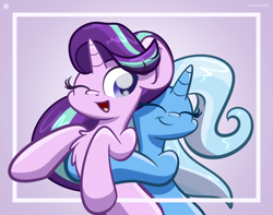 Size: 3250x2560 | Tagged: safe, artist:kimjoman, character:starlight glimmer, character:trixie, species:pony, species:unicorn, ship:startrix, chest fluff, commission, eyes closed, female, happy, hug, lesbian, mare, one eye closed, shipping, simple background, smiling