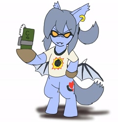 Size: 1979x2048 | Tagged: safe, artist:omegapony16, oc, oc:oriponi, species:bat pony, species:pony, bat pony oc, bat wings, bipedal, c4, clothing, cosplay, costume, ear piercing, earring, fangs, female, glasses, gloves, hoof hold, jewelry, mare, piercing, serious sam, shirt, solo, spread wings, t-shirt, wings