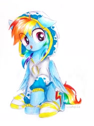 Size: 2322x3096 | Tagged: safe, artist:liaaqila, character:rainbow dash, species:pegasus, species:pony, blep, clothing, cute, dashabetes, eye clipping through hair, female, hoodie, liaaqila is trying to murder us, mare, raised hoof, simple background, sitting, socks, solo, striped socks, tongue out, traditional art, white background
