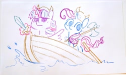 Size: 4096x2463 | Tagged: safe, artist:dawnfire, character:rarity, character:twilight sparkle, character:twilight sparkle (alicorn), species:alicorn, species:pony, species:unicorn, axe, boat, female, glowing horn, helmet, horn, horned helmet, mare, ocean, photo, sketch, sketches from a hat, sword, traditional art, viking, viking helmet, weapon