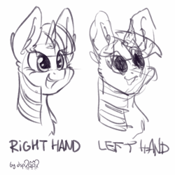 Size: 1024x1024 | Tagged: safe, artist:dsp2003, character:twilight sparkle, species:pony, species:unicorn, bust, cute, female, mare, monochrome, nightmare fuel, open mouth, portrait, right hand and left hand challenge, signature, simple background, sketch, there was an attempt, twiabetes, white background