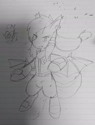 Size: 1554x2048 | Tagged: safe, artist:omegapony16, oc, oc only, oc:oriponi, species:bat pony, species:pony, bat pony oc, bat wings, bipedal, clothing, ear piercing, earring, jewelry, lineart, lined paper, piercing, scarf, smiling, solo, spread wings, traditional art, wings