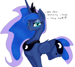 Size: 1084x974 | Tagged: safe, artist:zev, edit, character:princess luna, species:alicorn, species:pony, color edit, colored, female, jewelry, lidded eyes, long neck, looking at you, mare, peytral, princess luneck, question, regalia, simple background, solo