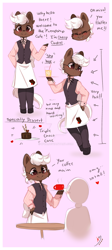 Size: 800x1780 | Tagged: safe, artist:ipun, oc, oc only, oc:cherry cordial, species:earth pony, species:pony, apron, arm hooves, chibi, clothing, deviantart watermark, friendship cafe, glasses, male, obtrusive watermark, pants, semi-anthro, semi-anthro oc, shirt, solo, stallion, vest, watermark