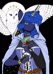 Size: 2465x3455 | Tagged: safe, artist:longinius, artist:sfmqueen, character:princess luna, species:alicorn, species:anthro, species:bird, species:owl, g4, alternate hairstyle, beautiful, bracelet, choker, cloak, clothing, evening gloves, female, fingerless elbow gloves, fingerless gloves, flower, freckles, gloves, hood, horn, horn jewelry, horn ring, jewelry, knife, lace, long gloves, looking at you, mare, mottled coat, ribbon, ring, snowy owl, spread wings, wings