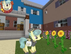 Size: 2048x1536 | Tagged: safe, artist:topsangtheman, gameloft, species:crystal pony, species:pony, cinnabar, flower, garden, golden hooves, house, looking at you, minecraft, photoshopped into minecraft, quicksilver, sunflower