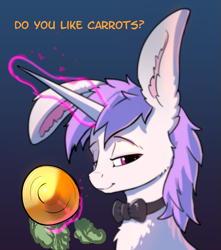 Size: 1537x1741 | Tagged: safe, artist:xbi, oc, oc:lapush buns, species:pony, species:unicorn, bow tie, bunny ears, bunnycorn, bust, carrot, do you like bananas?, food, gradient background, herbivore, impossibly large ears, looking at you, solo