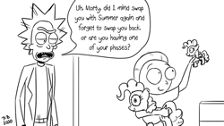Size: 1200x675 | Tagged: safe, artist:pony-berserker, character:pinkie pie, brony, female, male, monochrome, morty smith, plushie, pony-berserker's twitter sketches, rick and morty, rick sanchez, toy