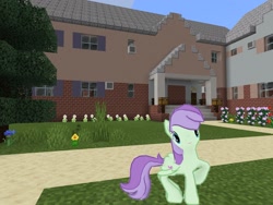 Size: 2048x1536 | Tagged: safe, artist:topsangtheman, gameloft, character:violet twirl, species:pegasus, species:pony, friendship student, garden, house, looking at you, minecraft, photoshopped into minecraft, tall grass, tree