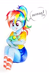 Size: 2322x3449 | Tagged: safe, artist:liaaqila, character:rainbow dash, character:tank, my little pony:equestria girls, alternate hairstyle, clothing, cute, dashabetes, female, male, open mouth, ponytail, shirt, shorts, simple background, sitting, socks, striped socks, t-shirt, tortoise, traditional art, white background