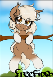 Size: 690x1000 | Tagged: safe, artist:freefraq, oc, oc only, species:earth pony, species:pony, belly button, blushing, bush, cloud, commissioner:darnelg, cute, ear fluff, epona, eponadorable, female, grin, hang in there, hanging, leg fluff, looking at you, sky, smiling, smiling at you, solo, the legend of zelda, tree, tree branch, yellow eyes