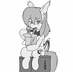 Size: 1024x1012 | Tagged: safe, alternate version, artist:omegapony16, oc, oc only, oc:oriponi, species:bat pony, species:pony, bat pony oc, bat wings, box, chopsticks, clothing, crate, ear piercing, earring, eating, female, grayscale, hoof hold, japanese, jewelry, mare, monochrome, piercing, scarf, simple background, sitting, solo, text, white background, wings