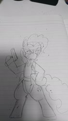 Size: 1152x2048 | Tagged: safe, artist:omegapony16, character:pinkie pie, species:earth pony, species:pony, bipedal, clothing, costume, crossover, female, gun, hoof hold, lineart, lined paper, mare, metal gear, solo, traditional art, weapon