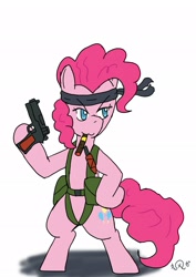 Size: 1451x2048 | Tagged: safe, artist:omegapony16, character:pinkie pie, species:earth pony, species:pony, bipedal, cigar, clothing, costume, crossover, female, gun, hoof hold, japanese, mare, metal gear, mouth hold, signature, simple background, solo, weapon, white background