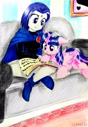 Size: 2322x3340 | Tagged: safe, artist:liaaqila, character:twilight sparkle, character:twilight sparkle (alicorn), species:alicorn, species:pony, book, boots, cloak, clothing, commission, couch, cute, female, mare, raven (teen titans), reading, shoes, tara strong, teen titans, twiabetes, voice actor joke