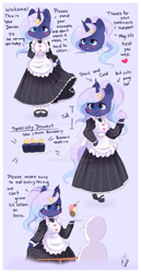 Size: 900x1749 | Tagged: safe, artist:ipun, oc, oc only, oc:star dancer, species:anthro, species:pony, species:unguligrade anthro, species:unicorn, anthro oc, arm hooves, blushing, chibi, clothing, deviantart watermark, dress, female, food, friendship cafe, hoof hold, ice cream, maid, mare, muffin, obtrusive watermark, shoes, socks, solo, watermark