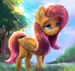 Size: 938x885 | Tagged: safe, artist:appletree12112, artist:appletree_at, artist:xbi, colorist:xbi, derpibooru original, edit, character:fluttershy, species:pegasus, species:pony, color edit, colored, crepuscular rays, cute, ear fluff, female, folded wings, looking at you, mare, open mouth, outdoors, shyabetes, solo, standing, three quarter view, tree, wings
