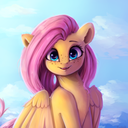 Size: 4000x4000 | Tagged: safe, artist:miokomata, character:fluttershy, species:pegasus, species:pony, absurd resolution, bust, chest fluff, cute, digital art, fangs, female, freckles, freckleshy, mare, open mouth, portrait, shyabetes, signature, smiling, solo