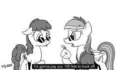 Size: 1200x675 | Tagged: safe, artist:pony-berserker, character:berry punch, character:berryshine, character:rainbow dash, species:earth pony, species:pegasus, species:pony, bits, black and white, female, grayscale, houndstooth shirt, mare, meme, monochrome, pony-berserker's twitter sketches, simple background, stippling, sunglasses, trailer park boys, white background