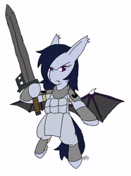 Size: 1524x2048 | Tagged: safe, artist:omegapony16, oc, oc only, oc:oriponi, species:bat pony, species:pony, armor, bat pony oc, bat wings, clothing, female, frown, hoof hold, mare, scarf, signature, simple background, solo, sword, weapon, white background, wings