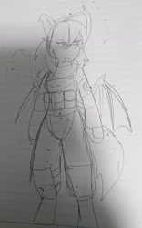 Size: 1279x2048 | Tagged: safe, artist:omegapony16, oc, oc:oriponi, species:anthro, species:bat pony, species:unguligrade anthro, armor, bat pony oc, bat wings, clothing, female, lineart, lined paper, scarf, soldier, solo, traditional art, vest, wings