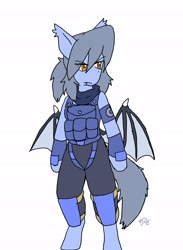 Size: 1496x2048 | Tagged: safe, alternate version, artist:omegapony16, oc, oc:oriponi, species:anthro, species:bat pony, species:unguligrade anthro, arm hooves, armor, bat pony oc, bat wings, clothing, colored, female, flack jacket, scarf, signature, soldier, solo, vest, wings