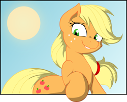 Size: 2723x2202 | Tagged: safe, artist:grinning-alex, artist:joey darkmeat, character:applejack, species:earth pony, species:pony, cute, female, hatless, high res, jackabetes, mare, missing accessory, sky, smiling, solo, sun