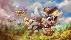 Size: 1920x1080 | Tagged: safe, artist:assasinmonkey, character:derpy hooves, species:pegasus, species:pony, anvil, bubble, cute, derpabetes, derpy physics, digital art, female, fence, flying, happy, mailmare, mare, open mouth, package, smiling, solo, spread wings, wings